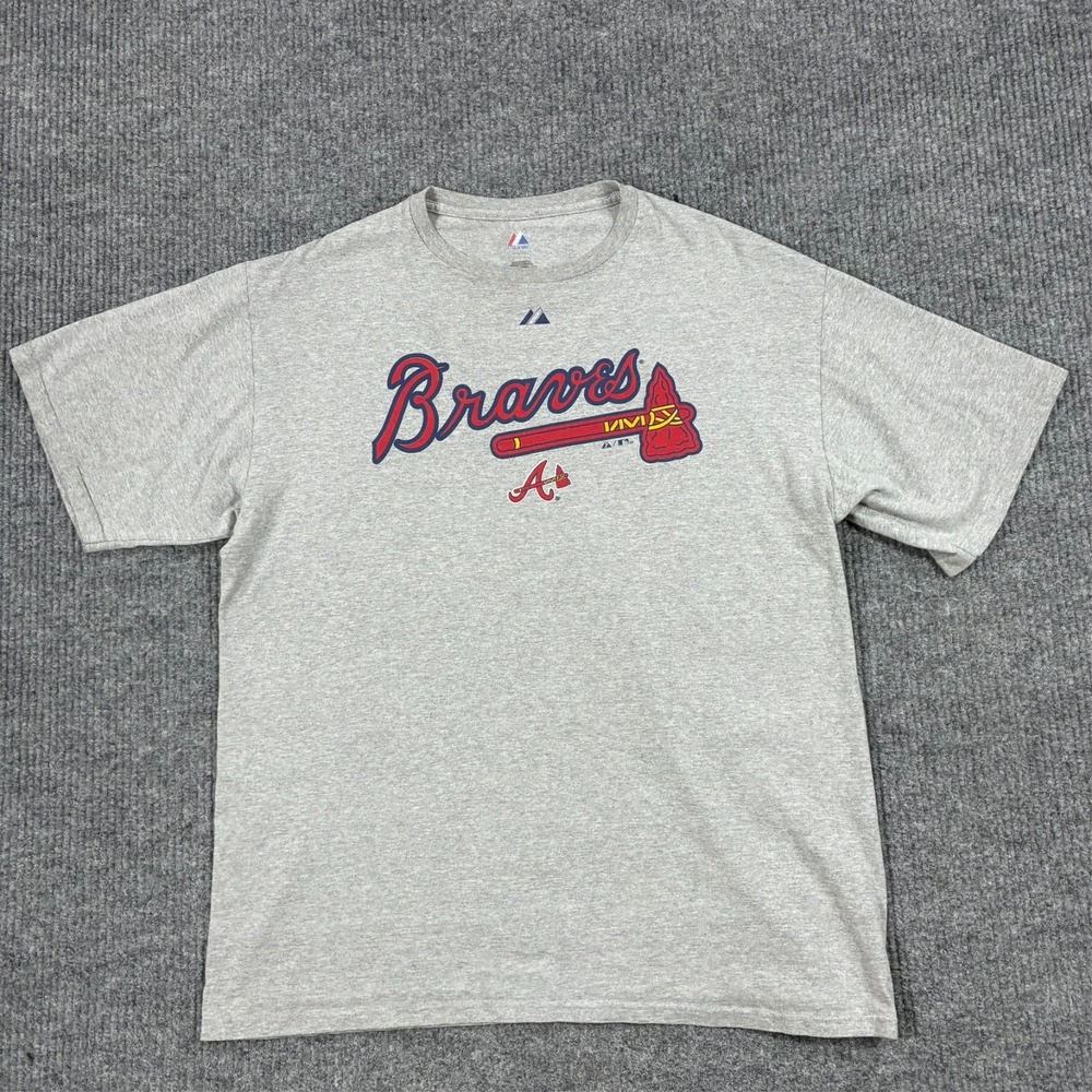 Majestic Atlanta Braves Mens Size XL Gray MLB Baseball Logo Graphic T Shirt